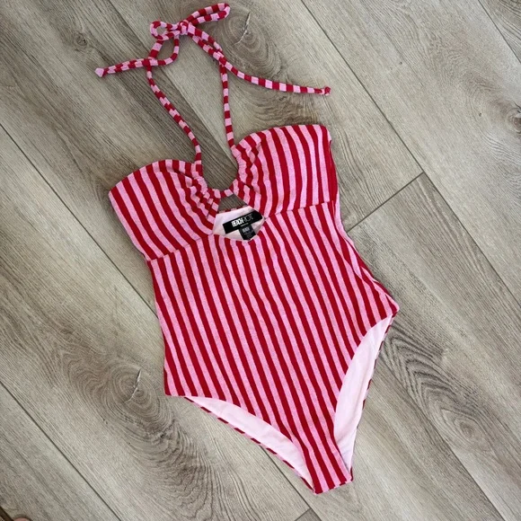 NWOT Beach Riot Med Phoenix Halter one piece terry cloth red pink striped swim - Picture 1 of 5